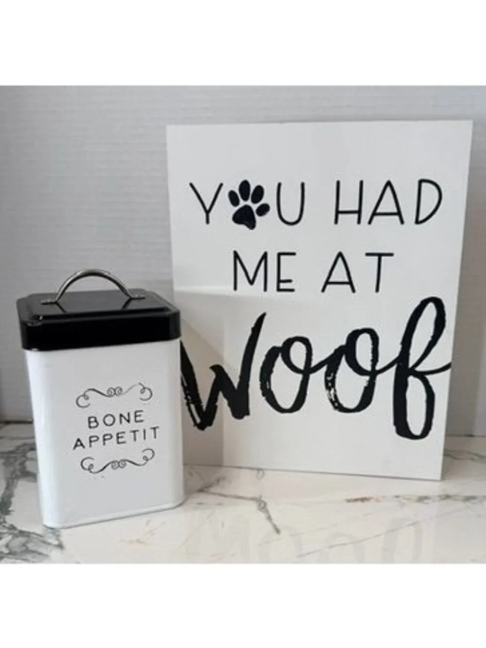 Dog lovers!  Woof signage and lidded treat can, man's best friend, treats,